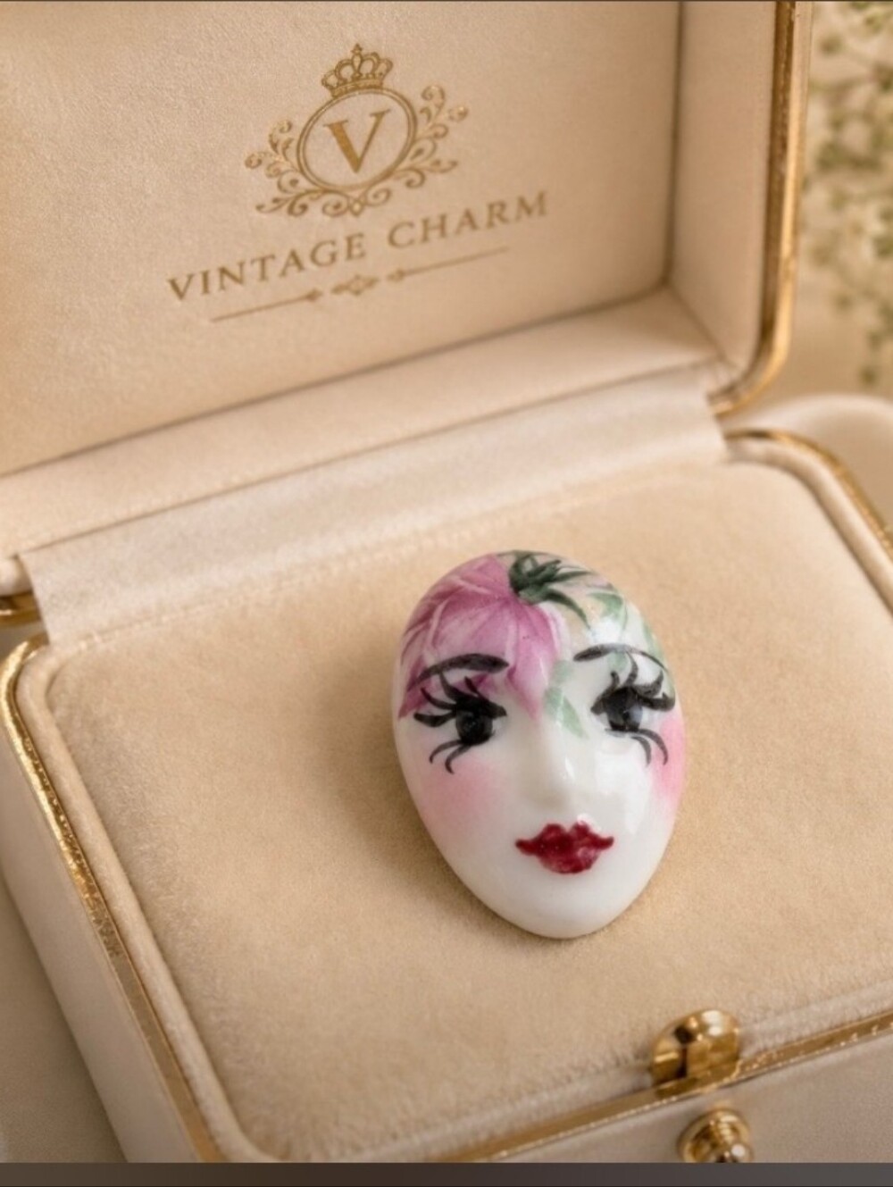 Hand-Painted Porcelain Face Brooch Pin – Signed “Kathleen THOMAS”